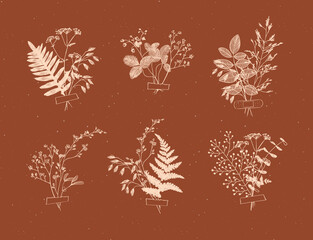 Canvas Print - Branches and leaves are collected into a bouquet with sticker drawing in grey color on brown background