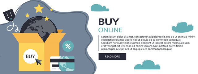 Wall Mural - On line shopping and payment Methods. Mobile payments. Pay per click and online order. Flat vector illustration. Website banner	