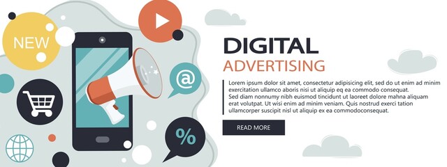 Wall Mural - Digital marketing concept. Advertising and promoting. Flat vector illustration website banner. Online marketing specialist