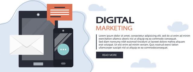 Wall Mural - Digital marketing concept. Advertising and promoting. Flat vector illustration website banner. Online marketing specialist
