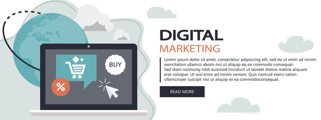 Wall Mural - Digital marketing concept. Advertising and promoting. Flat vector illustration website banner. Online marketing specialist