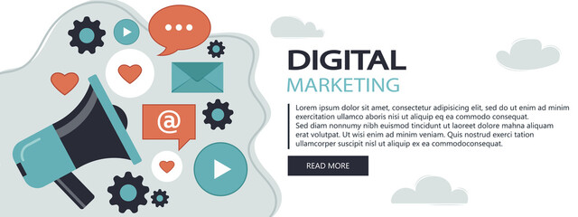Wall Mural - Digital marketing concept. Advertising and promoting. Flat vector illustration website banner. Online marketing specialist