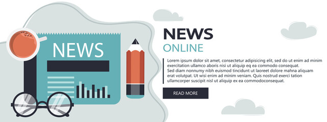 Wall Mural - Vector illustration. Flat header. Online news banner. Newsletter and information. Business and market news. Financial report and coffee on wooden table	