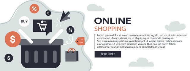 Wall Mural - On line shopping and payment Methods. Mobile payments. Pay per click and online order. Flat vector illustration. Website banner	