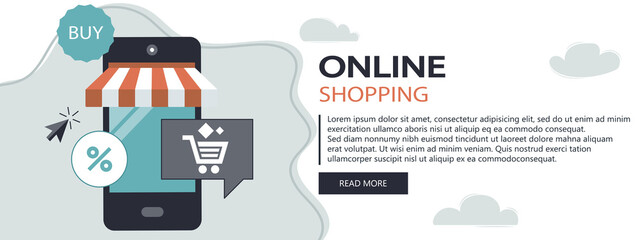 Wall Mural - On line shopping and payment Methods. Mobile payments. Pay per click and online order. Flat vector illustration. Website banner	
