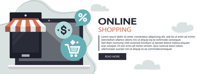 Wall Mural - On line shopping and payment Methods. Mobile payments. Pay per click and online order. Flat vector illustration. Website banner	