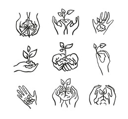 Poster - Ecology icons set ,Vector icons contains plant in hand, icons in minimalist style.Enviromental theme in doodle.Vector illustration.Hand save the earth and plants.