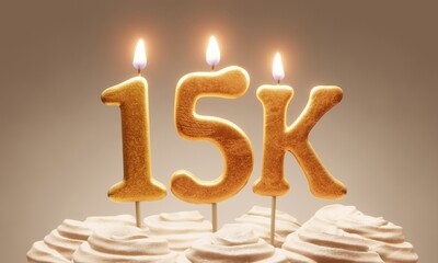 Milestone cake celebrating 15000 followers or subscribers. Golden ‘15k’ number candles on cake with icing in neutral tones. 3D rendering