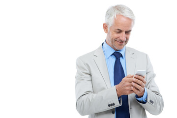 Wall Mural - Answering a quick text. Studio shot of a mature businessman using a cellphone isolated on white.