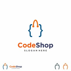 code shop logo design icon template code symbol with shop bag logo concept

