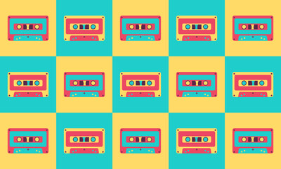 Illustration Vector Graphic of 90s Nostalgia Retro Cassette Pattern Background. Suitable for multipurpose graphic asset.