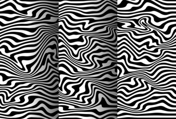 a set abstract rippled or black lines pattern with wavy vibrant facture on white background and texture. Liquify lines 3D effect.