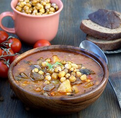 Sticker - CHICKPEA AND BEEF STEW, soup with chickpeas and meat, hearty chowder, latin cuisine