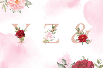 Wall Mural - Watercolor floral alphabet set of y, z, and with hand drawn Flower and Leaves