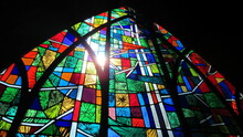 Sun Shining In Through Stained Glass Window At Chapel In Calloway Gardens, Georgia. 