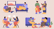 © klyaksun - Happy people communication, friends meeting, hobby, diversity spare time. Young men and women playing video games at home, shopping together, chatting in cafe, playing board games, Line art vector set