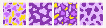 Trendy Set Seamless Patterns Of Spotted Animal Skins. Abstract Print In Yellow Violet Colors. Vector Illustration	
