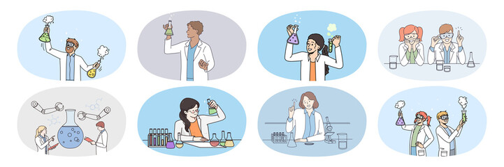 set of diverse scientists with test tubes do experiments in laboratory. collection of researchers de