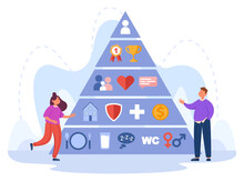 Tiny People With Maslow Hierarchy Flat Vector Illustration. Pyramid Or Triangle With Psychological, Safety, Love, Esteem And Self-actualization Color Levels. Basic Needs, Sociology, Growth Concept