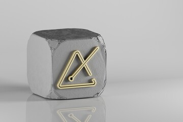 Poster - Music Triangle icon. Beautiful Golden music symbol icons on a beton cube and white ceramic background. 3d rendering illustration. Background pattern for design.
