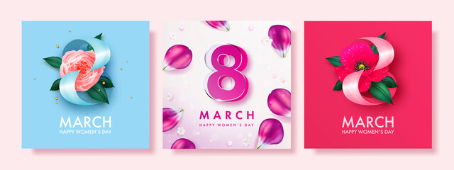 Set of women's day banner. 8 march holiday background with realistic petals and flowers. Vector illustration for poster, greeting cards, booklets, promotional materials, website