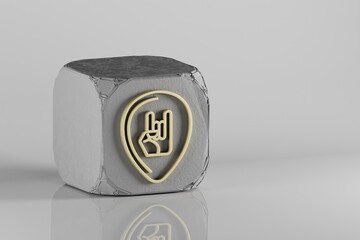 Poster - Guitar Plectrum with Hand icon. Beautiful Golden music symbol icons on a beton cube and white ceramic background. 3d rendering illustration. Background pattern for design.