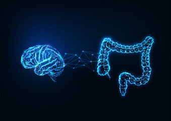 Wall Mural - futuristic gut brain connection concept with glowing low polygonal human brain and intestine
