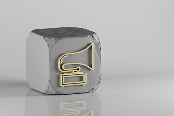 Poster - Old Gramophone icon. Beautiful Golden music symbol icons on a beton cube and white ceramic background. 3d rendering illustration. Background pattern for design.