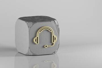 Poster - Big Headphones with Microphone  icon. Beautiful Golden music symbol icons on a beton cube and white ceramic background. 3d rendering illustration. Background pattern for design.