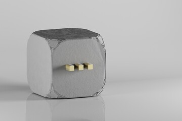 Poster - Beautiful Golden Pixel icon ellipsis symbol icons on a beton cube and white ceramic background. 3d rendering illustration. Background pattern for design..