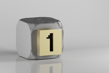 Poster - Beautiful Golden Pixel number 1 symbol icons on a beton cube and white ceramic background. 3d rendering illustration. Background pattern for design..