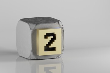 Poster - Beautiful Golden Pixel number 2 symbol icons on a beton cube and white ceramic background. 3d rendering illustration. Background pattern for design..