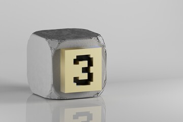 Poster - Beautiful Golden Pixel number 3. symbol icons on a beton cube and white ceramic background. 3d rendering illustration. Background pattern for design..