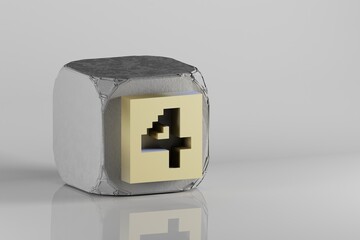 Fototapete - Beautiful Golden Pixel number 4 symbol icons on a beton cube and white ceramic background. 3d rendering illustration. Background pattern for design..