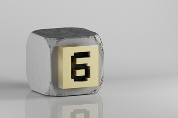 Poster - Beautiful Golden Pixel number 6 symbol icons on a beton cube and white ceramic background. 3d rendering illustration. Background pattern for design..