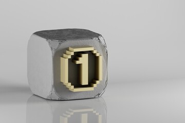 Poster - Beautiful Golden Pixel number 1 symbol icons on a beton cube and white ceramic background. 3d rendering illustration. Background pattern for design..