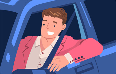 Wall Mural - Man Character Driving Car Sitting on Driver Seat Inside Vehicle Vector Illustration