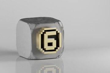 Poster - Beautiful Golden Pixel number 6 symbol icons on a beton cube and white ceramic background. 3d rendering illustration. Background pattern for design..