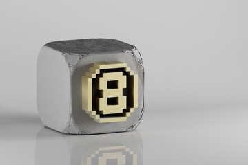 Poster - Beautiful Golden Pixel number 8 symbol icons on a beton cube and white ceramic background. 3d rendering illustration. Background pattern for design..