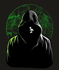 Wall Mural - Hacker character with the hoodie and digital symbols on black background. Vector illustration.