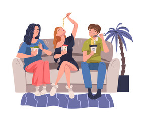 Wall Mural - Group of Friend Character Eating Food at Home Sitting on the Sofa with Noodles Vector Illustration