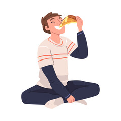 Sticker - Man Character Eating Food at Home Sitting on the Floor with Slice of Pizza Vector Illustration