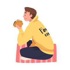 Wall Mural - Man Character Eating Food at Home Sitting on the Floor with Stuffed Tortilla Vector Illustration