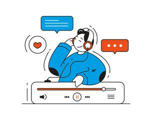 Happy man in headphones listening interesting audio podcast enjoying self development vector flat illustration. Male online radio show sound voice broadcasting application music multimedia content
