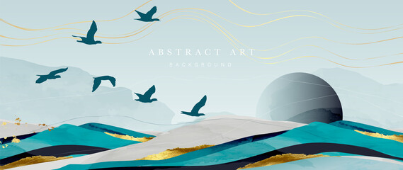 Elegant abstract mountain background. Watercolor wallpaper with gold wavy lines, hill, sun and flying birds. Luxury in blue tone design for banner, covers, wall art, home decor and invitation.