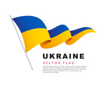 The Flag Of Ukraine Hangs On A Flagpole And Flutters In The Wind. Vector Illustration Isolated On White Background.