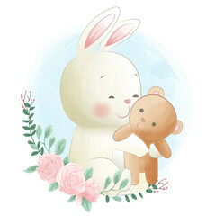 Wall Mural - Funny animals cute bunny embraces teddy bear