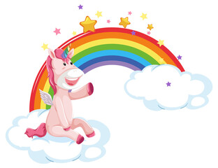 Poster - Pink unicorn sitting on a cloud with rainbow