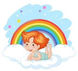 Poster - Angel boy lying on a cloud with rainbow in the sky