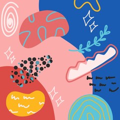 Wall Mural - Decorative abstract illustration with colorful doodles. Drawn by hand. Flat design, cartoon, vector illustration. Template for design and printing on paper.